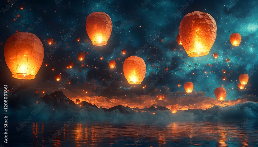 Poster ethereal night sky with glowing lanterns floating above calming water beneath enchanted mountains an