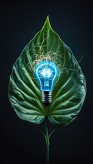Generative AI. Blue light bulb with leaf background. Vertical