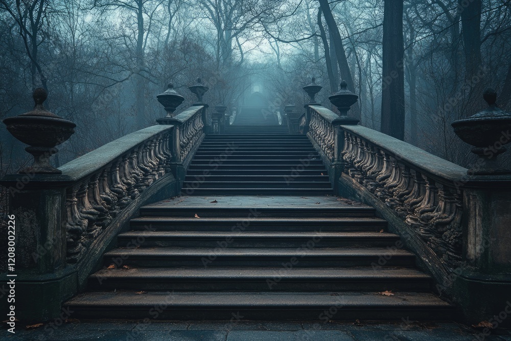 Poster stone staircase ascending into a misty, dark forest, creating an enigmatic and mysterious atmosphere