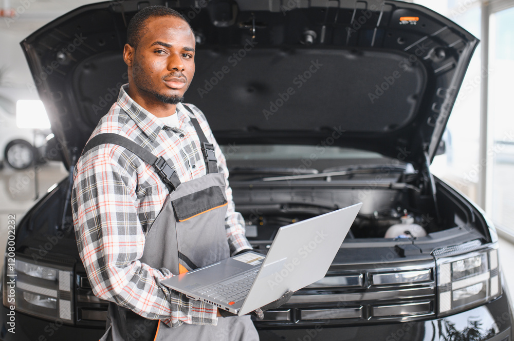 Poster automobile computer diagnosis. car mechanic repairer looks for engine failure
