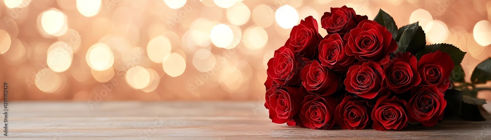 Poster a beautiful bouquet of red roses on a rustic wooden table with a soft bokeh background.