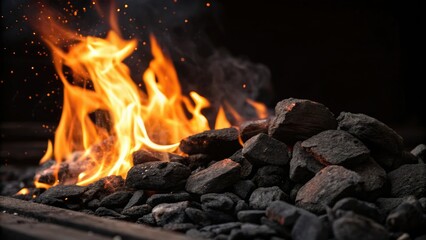 burning charcoal on black background with flames, outdoor cooking station, grilled vegetables