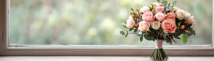 A beautiful bouquet of roses placed on a window sill, enhancing the natural light.