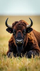 Bull resting on prairie ground with horns visible, prairie, rest, bison