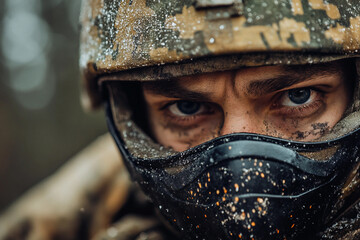 Fototapeta premium Close-Up of Paintball Players in Action, Wearing Protective Masks and Gear, Generative AI art