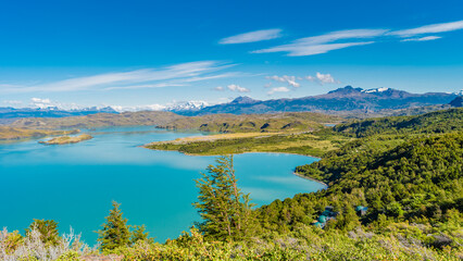 Torres del Paine National Park, Patagonia, Chile, Magical colorful glacial lakes surrounded by...