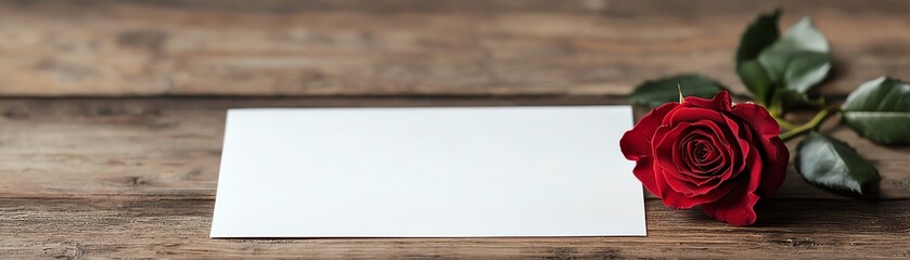 Naklejka premium A blank card beside a fresh red rose on a rustic wooden table.