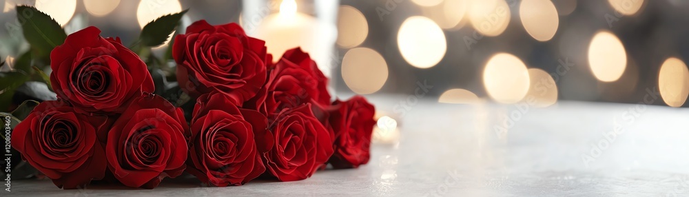 Poster a bouquet of vibrant red roses on a table with soft bokeh lights in the background.