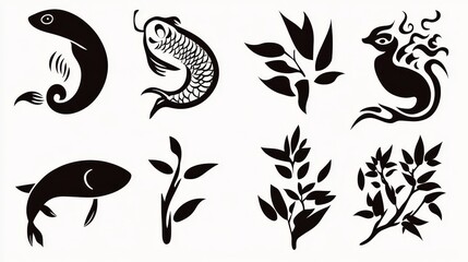 Fototapeta premium Nine Black Ink Style Aquatic and Floral Designs