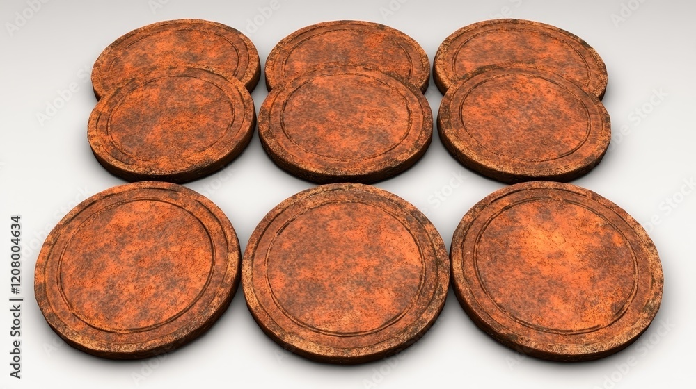 Poster nine rusty circular discs arranged in a grid