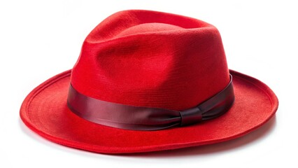 red fedora hat with ribbon isolated on white background
