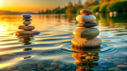 Obraz premium Serene Sunset Balanced Stones in Calm Water Reflecting Golden Light