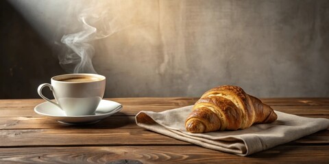 A steaming cup of coffee and a freshly baked croissant on a rustic wooden table