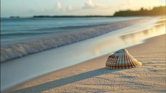 A stunning sunset graces the beach, casting vibrant colors across the sky, while a seashell rests peacefully on the shore during low tide
