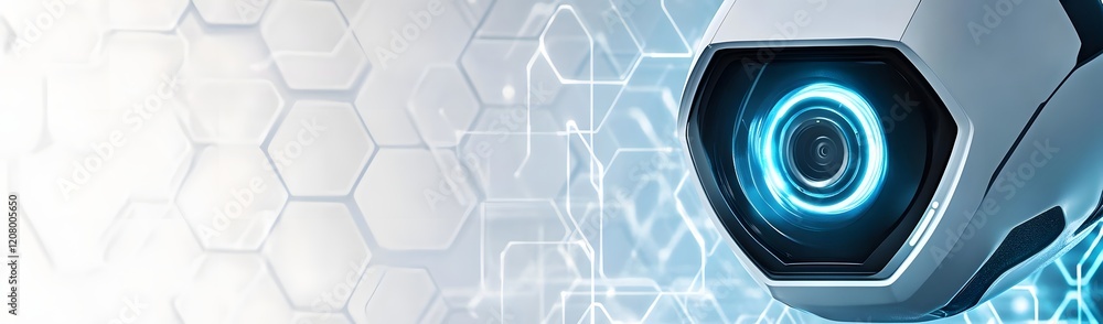 Poster a futuristic camera design with glowing elements and a digital background.