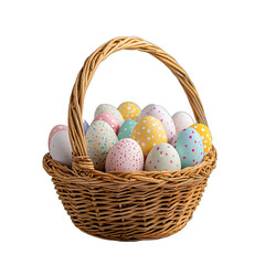 a wicker basket filled with easter eggs on a transparent background, PNG image, PNG file, Generative art.