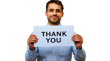 Smiling Professional Man in Business Attire Holding a 'Thank You' Sign, Expressing Gratitude and Appreciation with a Cheerful Expression, Sharing a Message of Thanks and Positive Vibes in a Studio 