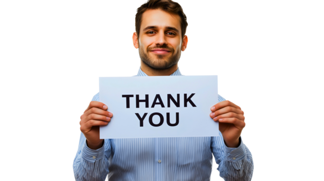 Smiling Professional Man in Business Attire Holding a 'Thank You' Sign, Expressing Gratitude and Appreciation with a Cheerful Expression, Sharing a Message of Thanks and Positive Vibes in a Studio 