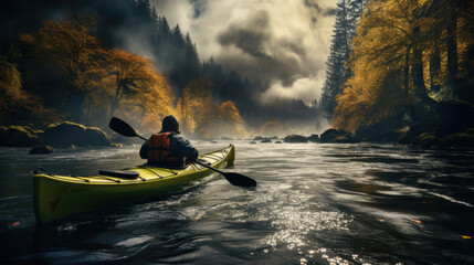 Solo Kayaker Exploring a Serene Autumn River Surrounded by Misty Forest. Adventure Tourism. World Tourism Day. National Get Outdoors Day. Eco-tourism. 