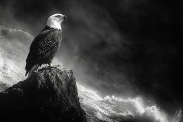 Fototapeta premium A majestic bald eagle perches on a dark rock, overlooking powerful, turbulent waves.