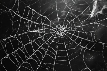 A spiderweb glistening with morning dew, delicately strung across a dark marble surface.