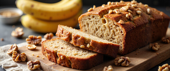 Delicious banana walnut bread on rustic cutting board, home baking