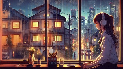 Girl listening to music on headphones, looking through window on a city in rain, atmospheric lo-fi style wallpaper background