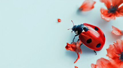 Close-up of Vibrant Red Ladybug on Flower Petal, Showcasing Its Small, Colorful Body and Delicate Texture, Capturing the Beauty of Nature and Pollination in a Serene Garden Setting