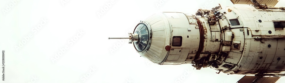 Poster close-up view of a spacecraft module featuring a transparent dome and structural elements.