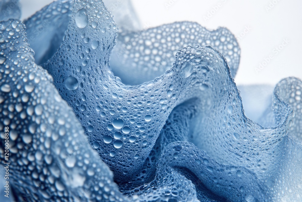 Poster close-up of a blue, textured surface covered in water droplets, creating a mesmerizing abstract imag