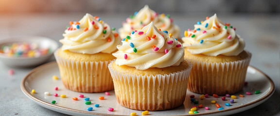 Colorful vanilla cupcakes on decorative stand, sweet bakery delight