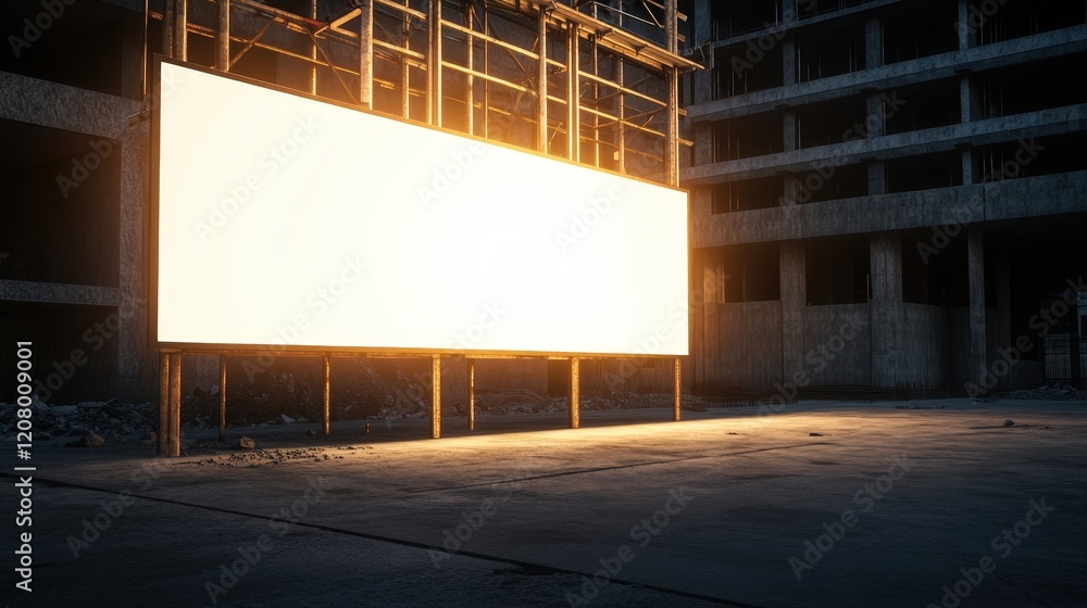 Poster large billboard displayed on building under construction surrounded by cranes and urban landscape cr