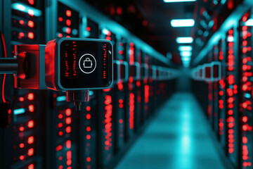 Data Center Security: Futuristic Robot Protecting Servers in a High-Tech Environment