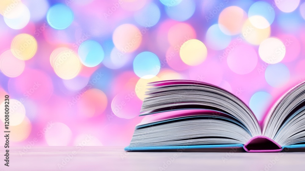 Poster Open Book on Table with Bokeh Lights Background
