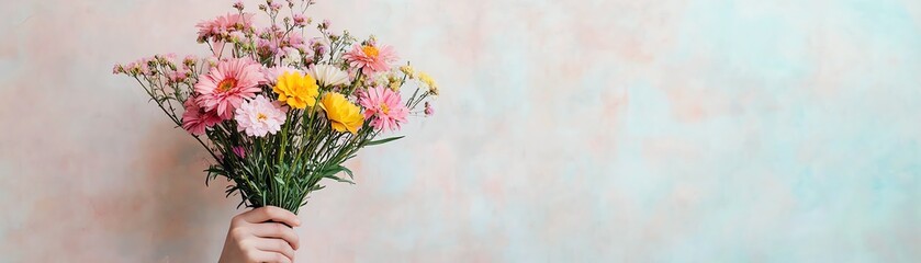 Obraz premium A vibrant bouquet of colorful flowers held against a soft pastel background.