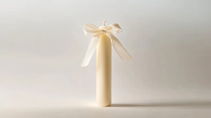 A christening candle tied with a satin bow, standing on a softly lit white background