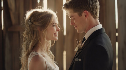 Newlyweds sharing an intimate, joyful moment during their rustic wedding, smiling in elegant wedding attire with soft lighting highlighting their emotional connection