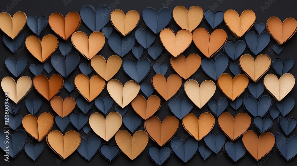 Poster a vibrant display of colorful heart shapes on a textured background.