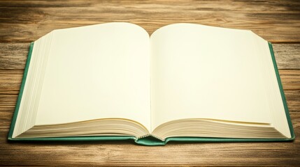 Fototapeta premium Open Book on Wooden Table, Blank Pages, Rustic Setting