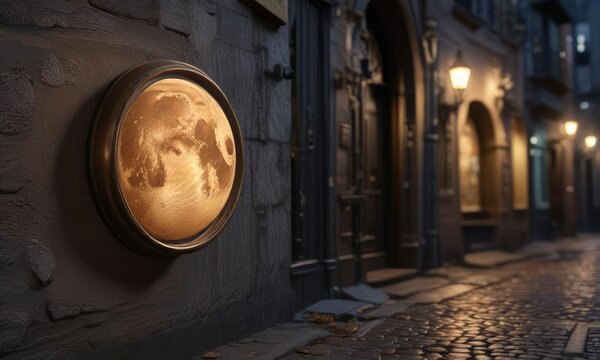 Balisage bronze avec un motif de lune dans une rue ?troite et sombre, rue, balisage, motif