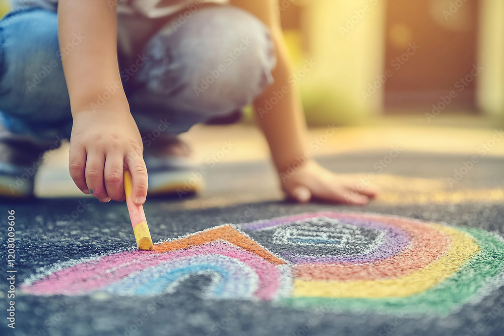 Poster generative ai picture of child drawing with colorful chalk on the pavement
