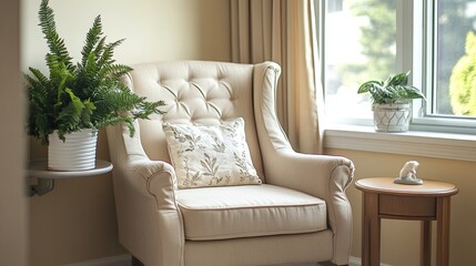 A clean and cozy nursing nook with a comfortable armchair and a small side table