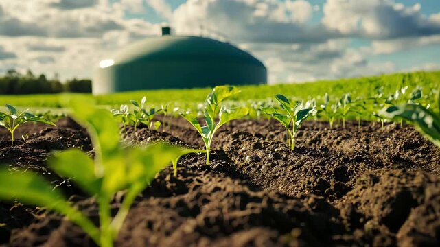 A field with young seedlings and a modern biogas facility in the back