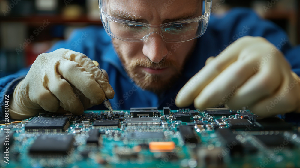 Poster electrician focused on fixing complex circuit board