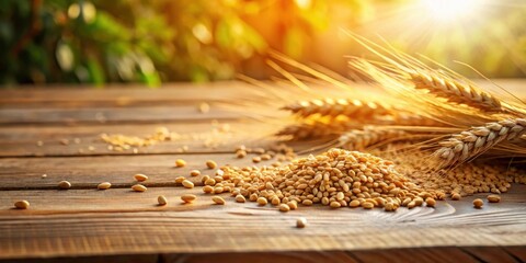 Golden Wheat Grains and Stalks on Rustic Wood