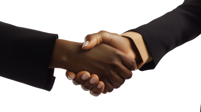 Two people from diverse ethnic backgrounds shaking hands in a professional business setting, symbolizing partnership, trust, unity, and collaboration in a corporate agreement, signifying teamwork