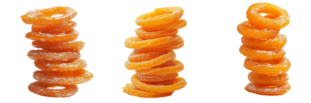 spiral stack of bright orange jalebis on a transparent background	
