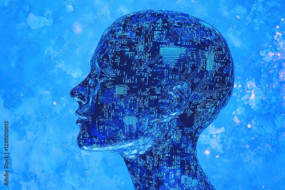 Poster abstract human head profile made of circuit board and binary code on a blue background, an artificia