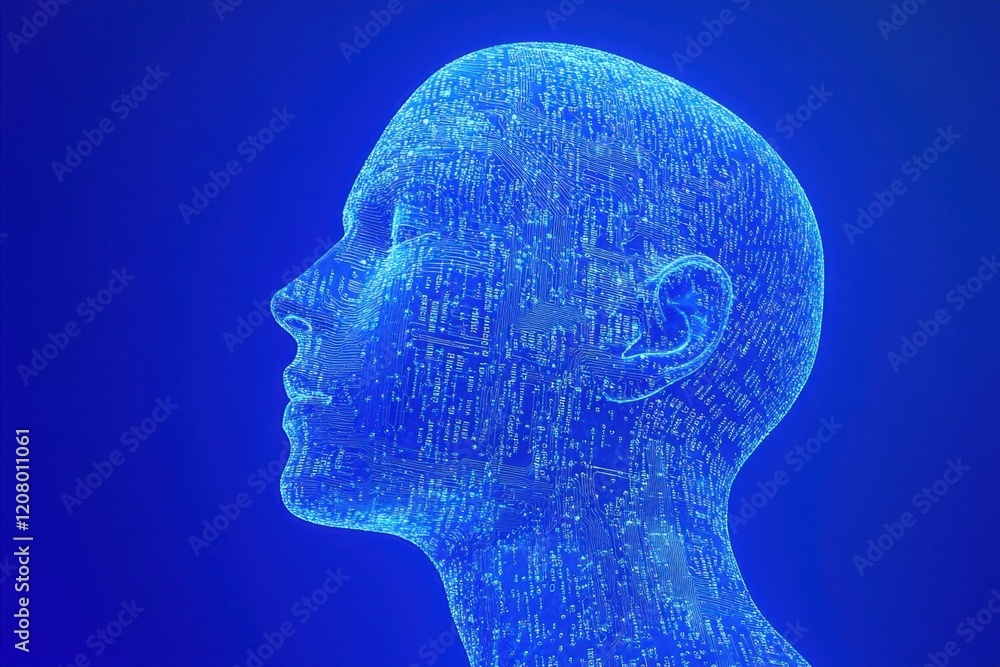 Poster abstract human head profile made of circuit board and binary code on a blue background, an artificia