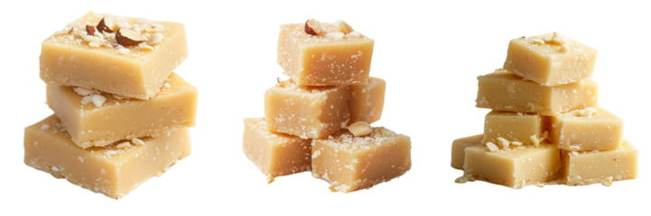 Cross-section showing the smooth texture of kaju katli on a transparent background